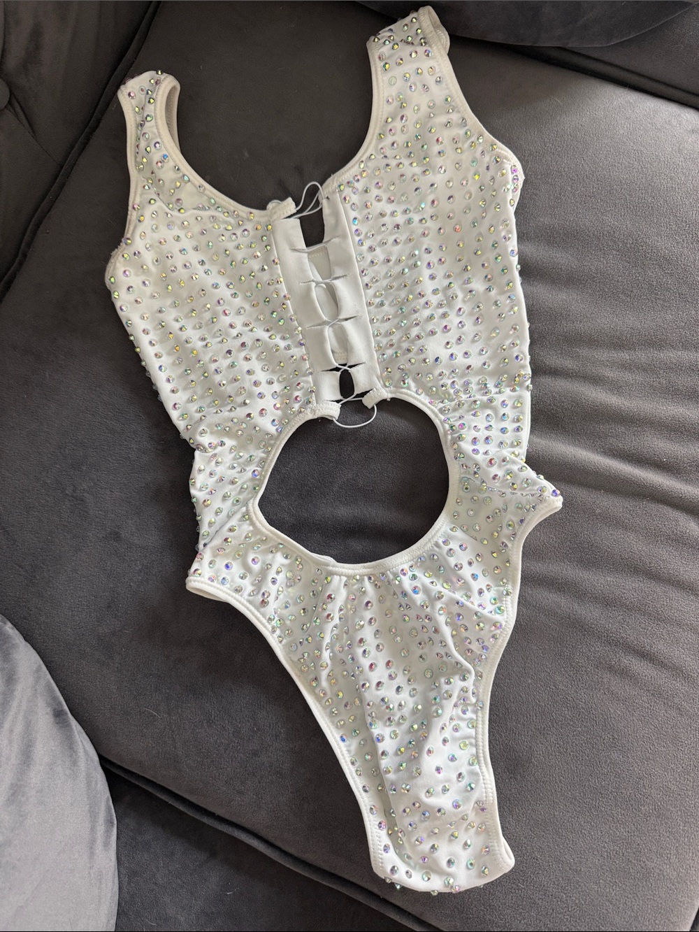 Kids White Iridescent Rhinestone One-Piece Swim/Leotard